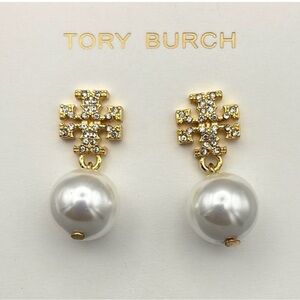 Tory Burch White Pearl Gold Crystal Double T Logo Dangle Stud Earrings